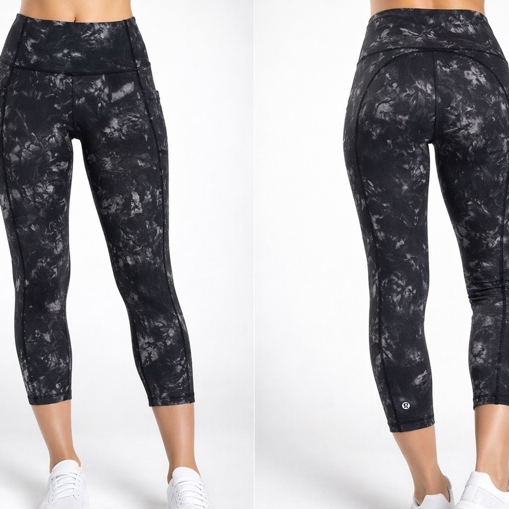 Lululemon Size 2 Black Gray Marble Print Crop Leggings Pockets